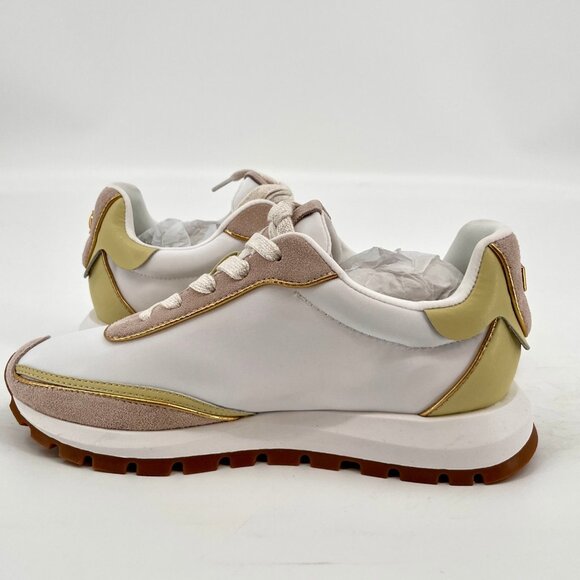 Donna Karan New York Binx Lace‑Up Sneaker Size 6M White Beige Gold Accent Retro - Picture 7 of 12